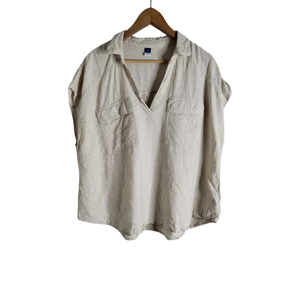 Old Navy XL Linen Blend Tunic Top Beige Short Sleeve Pocket Coastal Grandmother
